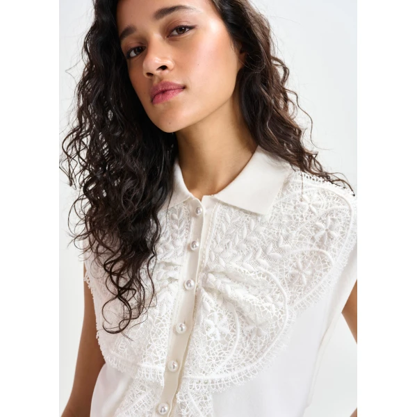 Essentiel Antwerp White sleeveless polo with lace details and pearl buttons Top, view 2