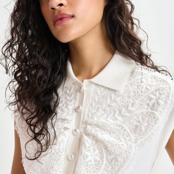 Essentiel Antwerp White sleeveless polo with lace details and pearl buttons - Essentiel Antwerp Tops - Colorful Belgian Design - Shop at Coveti