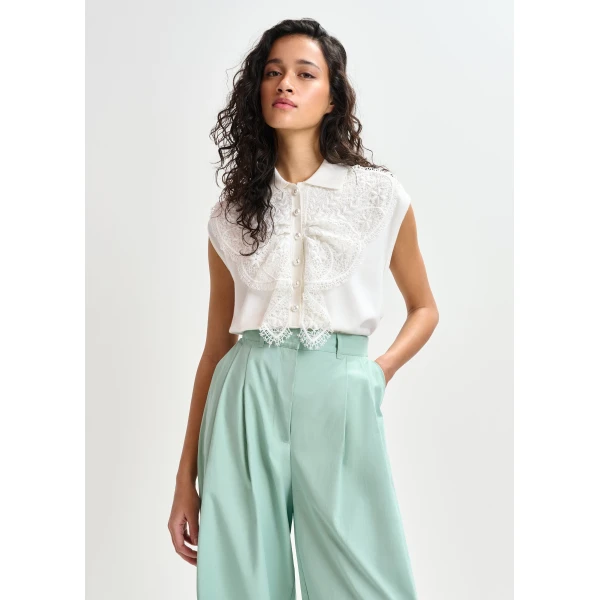 Essentiel Antwerp White sleeveless polo with lace details and pearl buttons Top, view 3