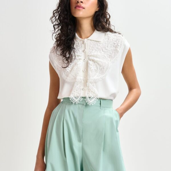 Essentiel Antwerp White sleeveless polo with lace details and pearl buttons - Essentiel Antwerp Tops - Colorful Belgian Design - Shop at Coveti