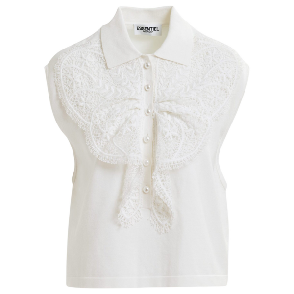Essentiel Antwerp White sleeveless polo with lace details and pearl buttons - Essentiel Antwerp Tops - Colorful Belgian Design - Shop at Coveti