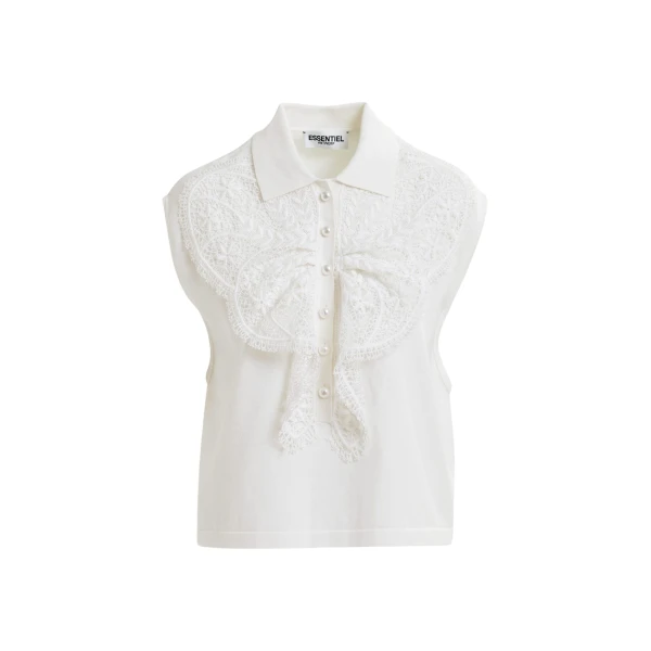 Essentiel Antwerp White sleeveless polo with lace details and pearl buttons - Essentiel Antwerp Tops - Colorful Belgian Design - Shop at Coveti