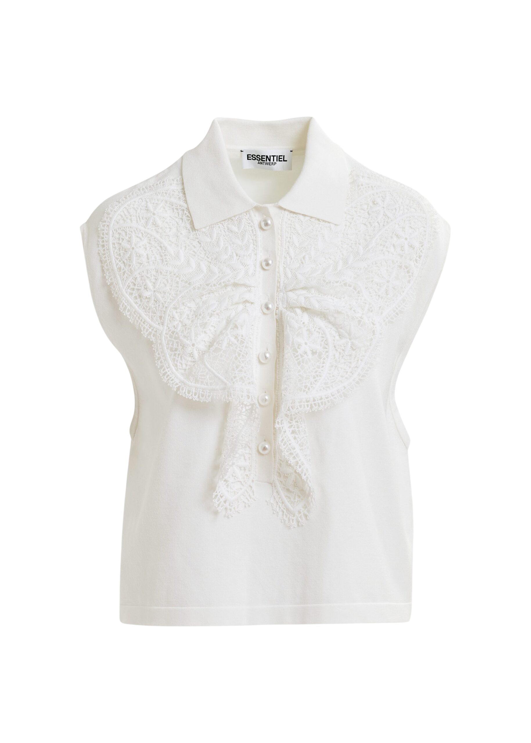 Essentiel Antwerp White sleeveless polo with lace details and pearl buttons - Essentiel Antwerp Tops - Colorful Belgian Design - Shop at Coveti