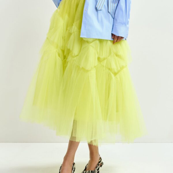 Essentiel Antwerp Yellow asymmetrical tiered tulle midi skirt - Essentiel Antwerp Skirts - Colorful Belgian Design - Shop at Coveti