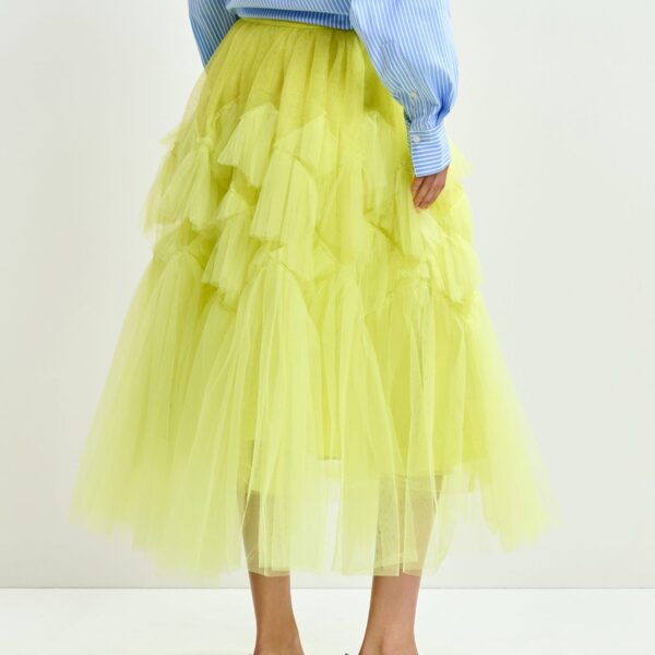 Essentiel Antwerp Yellow asymmetrical tiered tulle midi skirt - Essentiel Antwerp Skirts - Colorful Belgian Design - Shop at Coveti