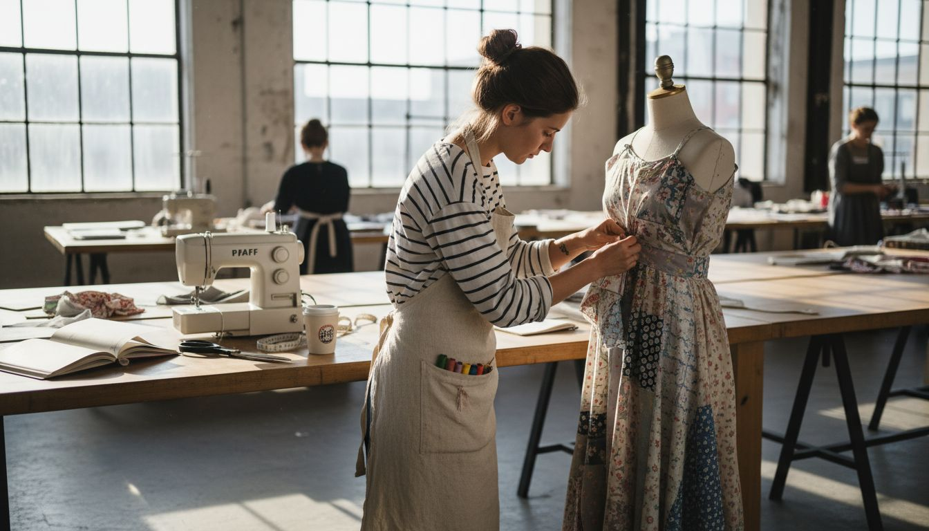Eine Modedesignerin arbeitet in ihrem Atelier an einem neuen Kleidungsstück.