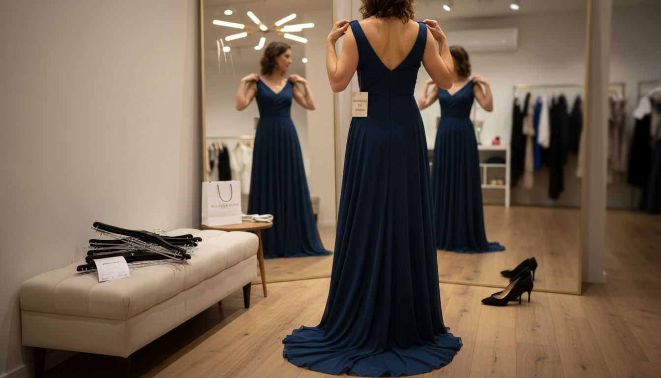 Eine Frau steht vor dem Spiegel und schlüpft in ein elegantes Abendkleid, um zu sehen, wie es ihr steht.