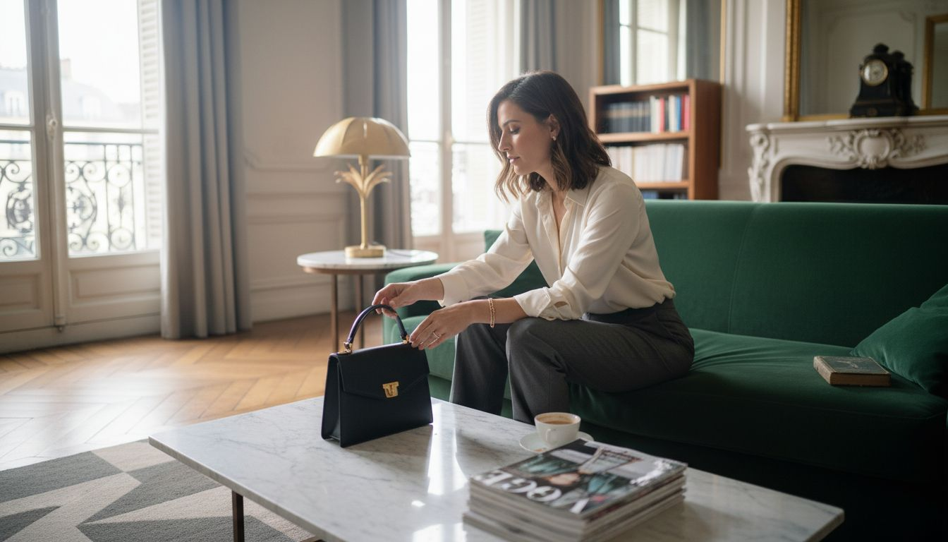 Une femme pose délicatement son sac griffé dans un salon raffiné.