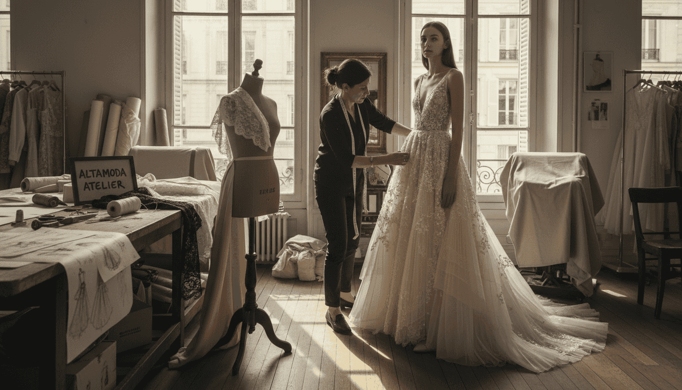 Un diseñador ajusta cuidadosamente un vestido de alta costura sobre la modelo, asegurándose de que cada detalle quede perfecto.
