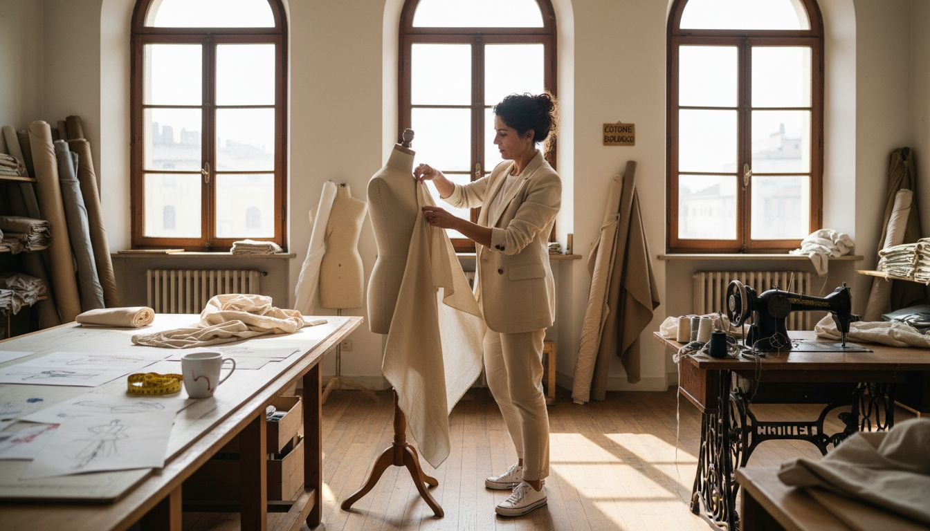 Stilista al lavoro nel suo atelier, impegnato nella creazione di capi utilizzando tessuti sostenibili.