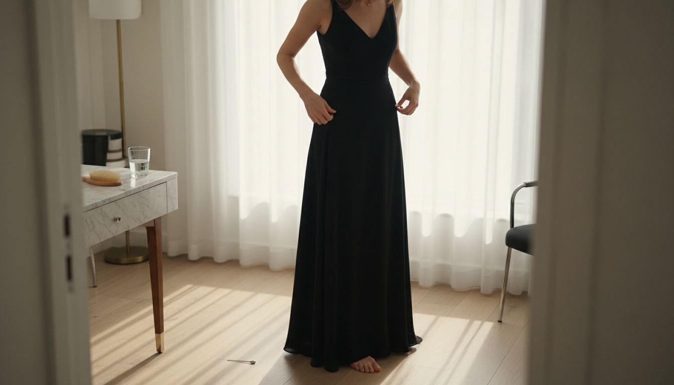 Eine Frau richtet ihr schlichtes Abendkleid im sanften Licht und achtet dabei auf jedes Detail.