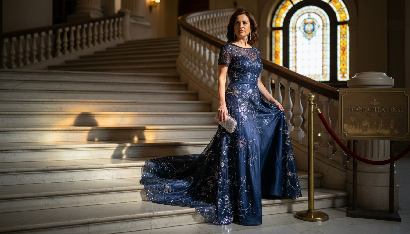 Woman adjusting luxury evening gown on marble stairs
