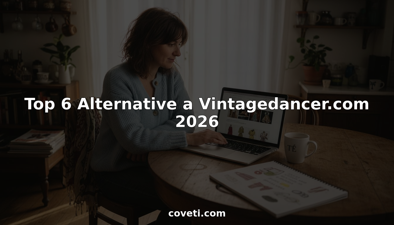 Una donna seduta al tavolo della cucina si perde tra le proposte di moda vintage online, curiosando tra abiti e accessori d’altri tempi.
