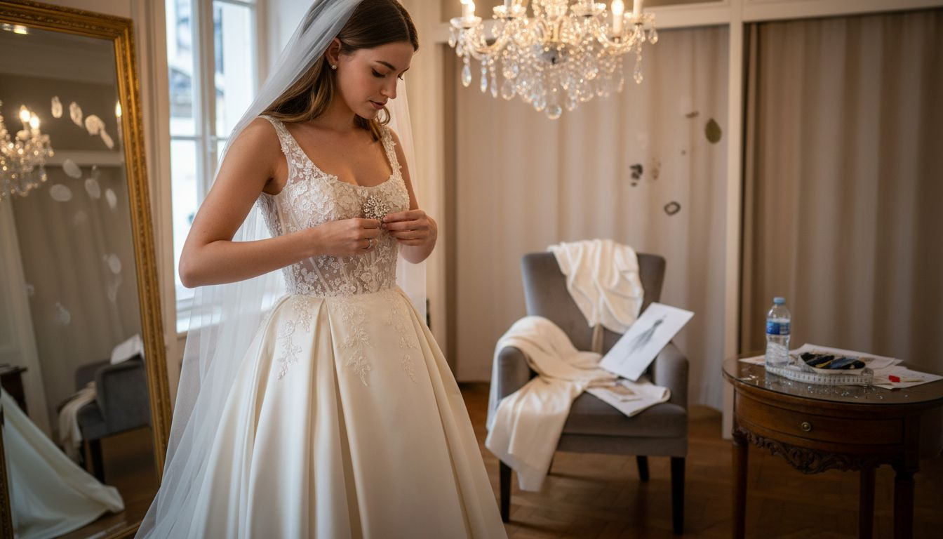 Una novia luciendo un vestido único mientras se prepara en el vestidor de una boutique exclusiva.