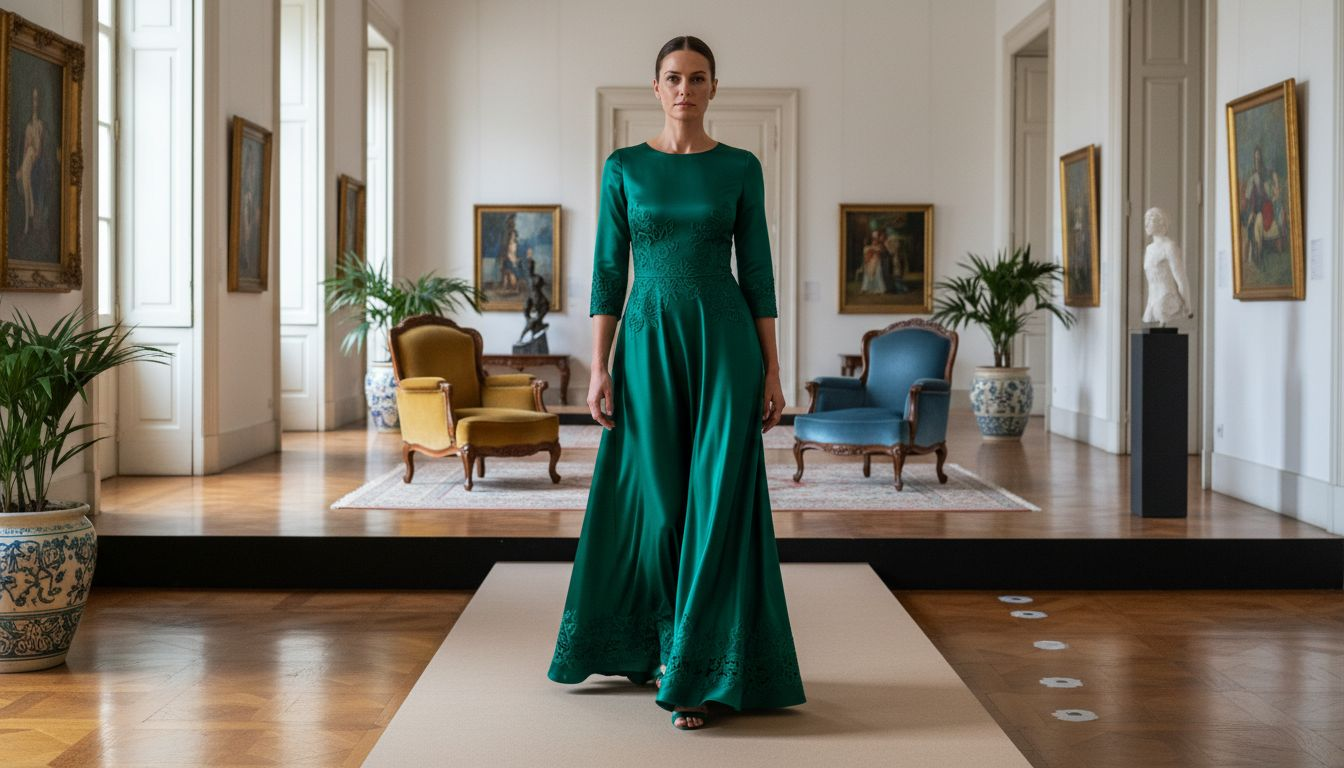 Modelo desfila na passerelle com um vestido ecológico, numa verdadeira celebração da arte.
