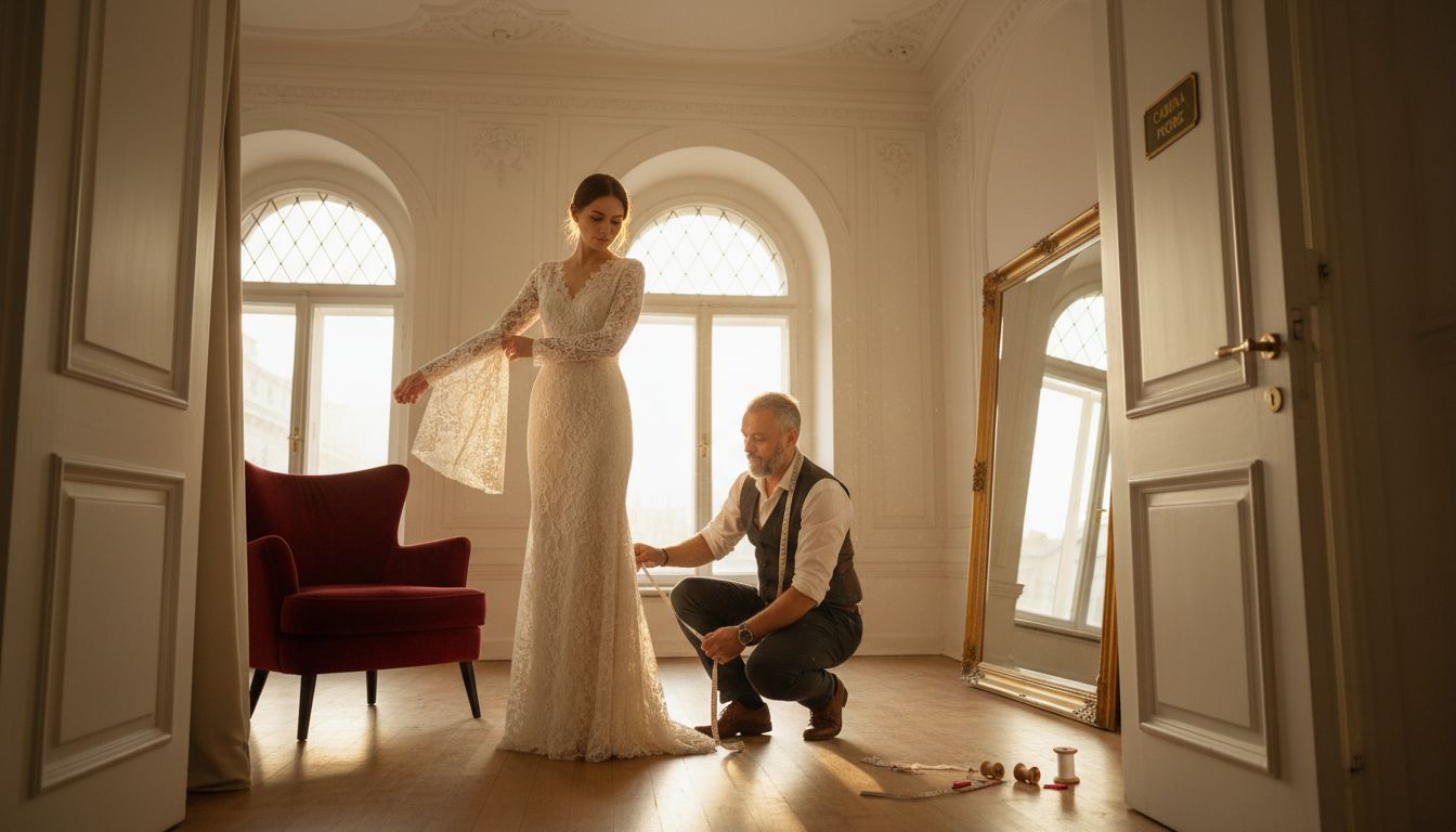 O femeie probează o rochie făcută pe comandă într-o cabină de probă dintr-o boutique.