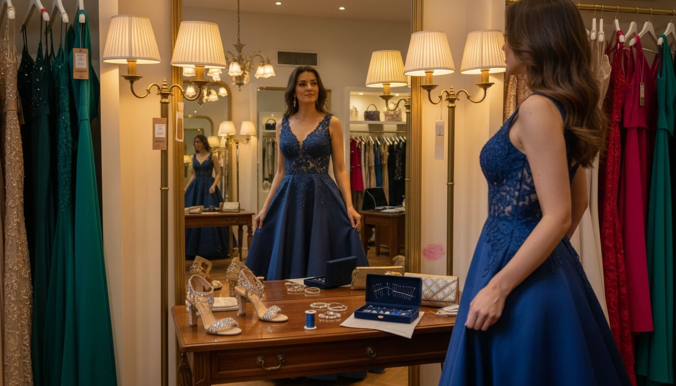 Mujer eligiendo y probándose un vestido elegante en una tienda de moda
