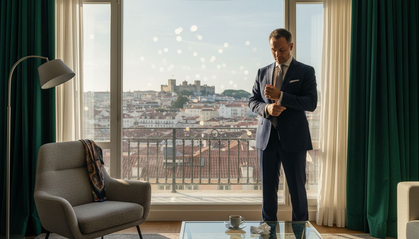 Homem elegante, vestido com um fato à medida, no seu apartamento em Lisboa.