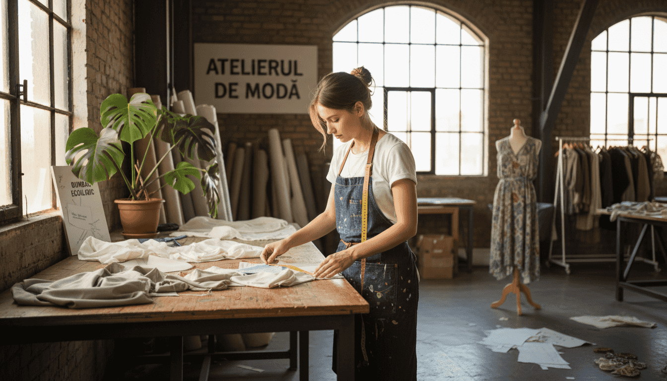 Un designer vestimentar analizează materiale textile prietenoase cu mediul, în căutarea celor mai sustenabile opțiuni pentru noile sale colecții.