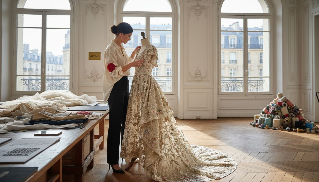 Ein Modedesigner arbeitet konzentriert im Atelier und entwirft exklusive Couture-Kreationen.