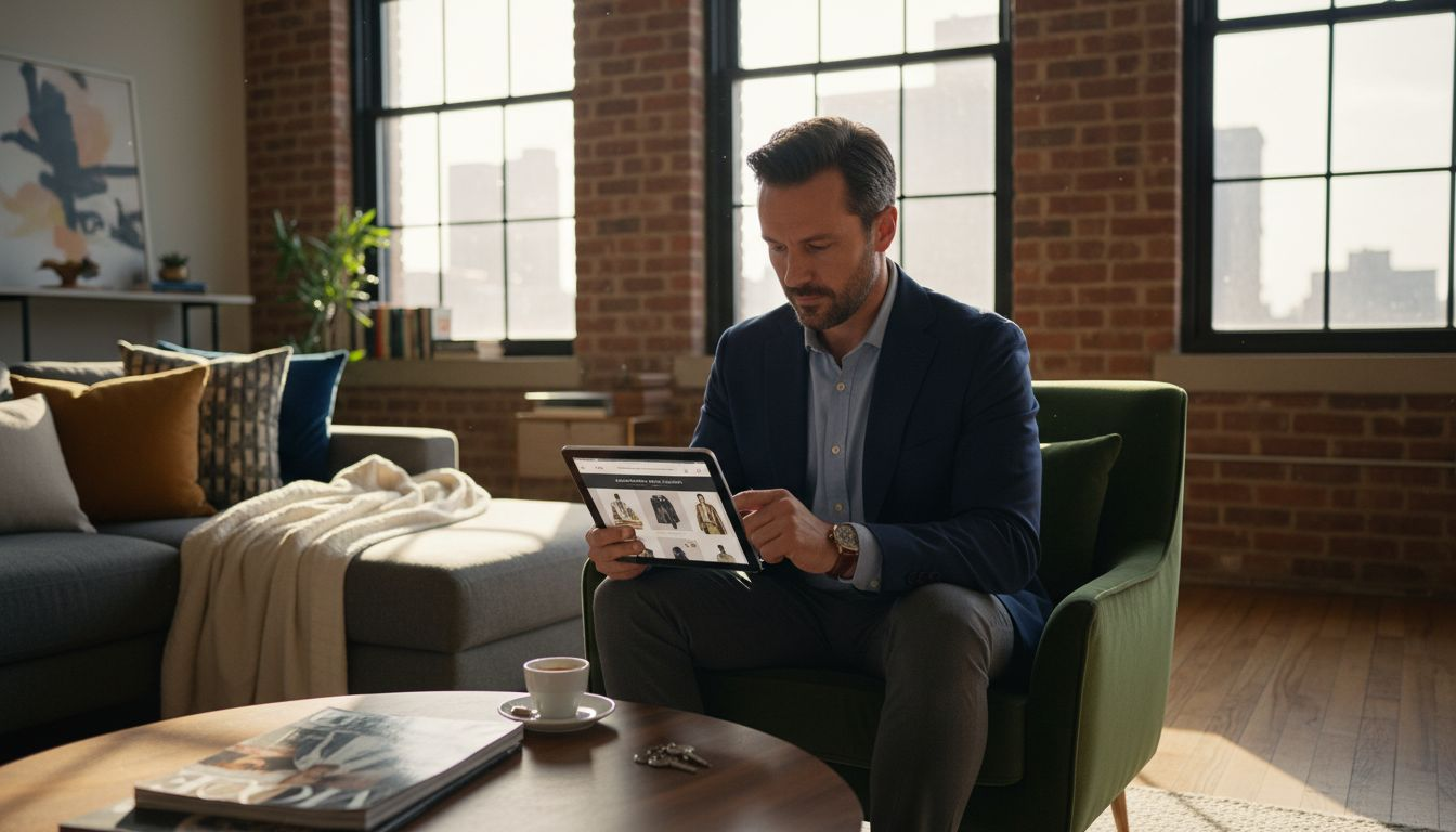 Affluent man shopping for new designers at home