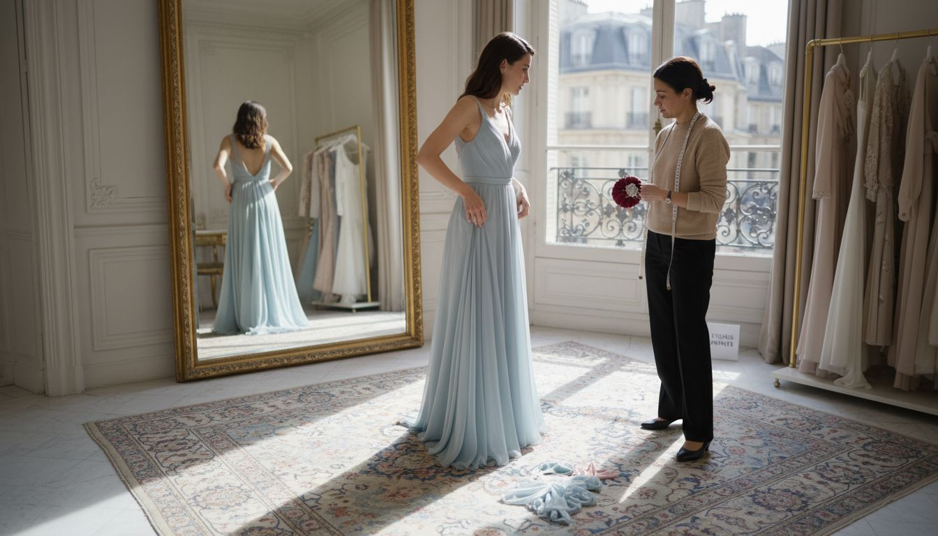 Une femme essaie une somptueuse robe de soirée dans une boutique chic.