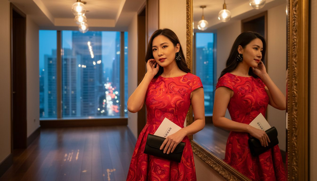 身穿红色连衣裙、搭配黑色配饰的女士正在精心打扮，准备参加派对。