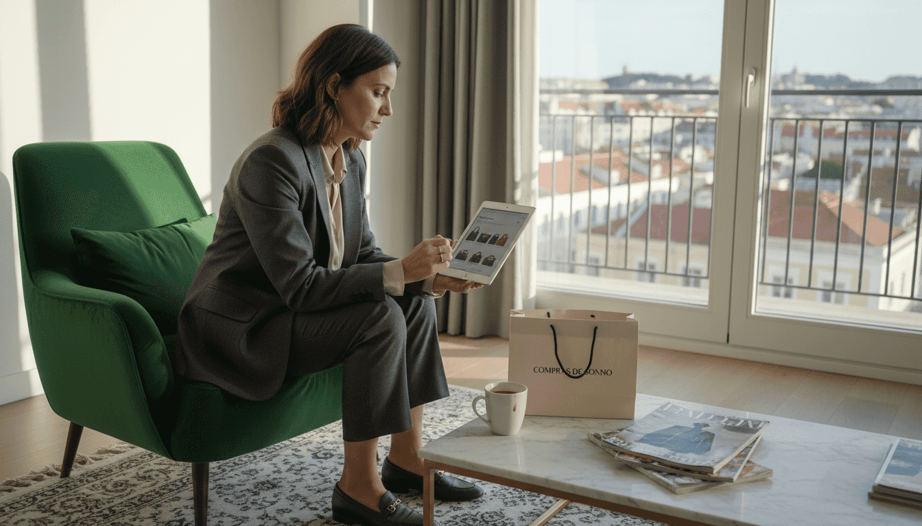 Mulher a explorar uma loja online de artigos de luxo