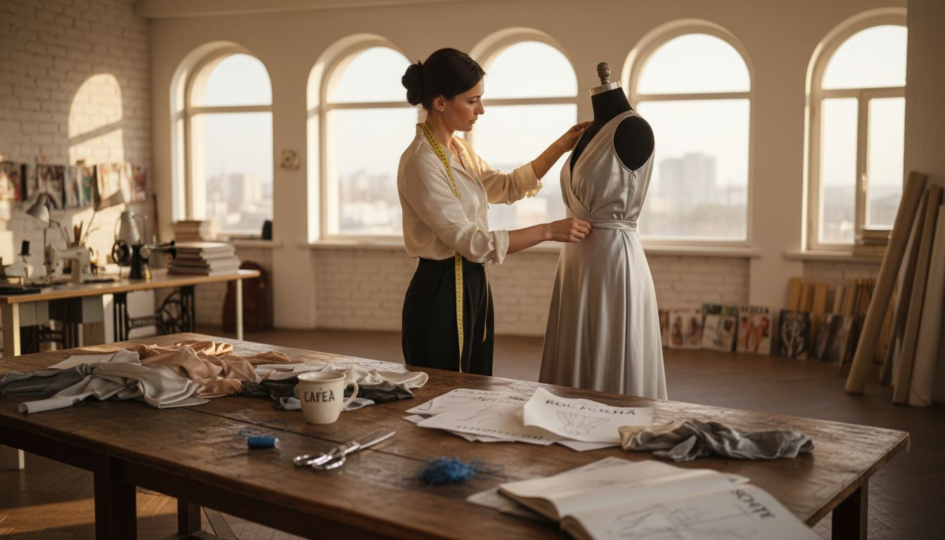 Creator de modă care retușează o rochie într-un atelier de lux