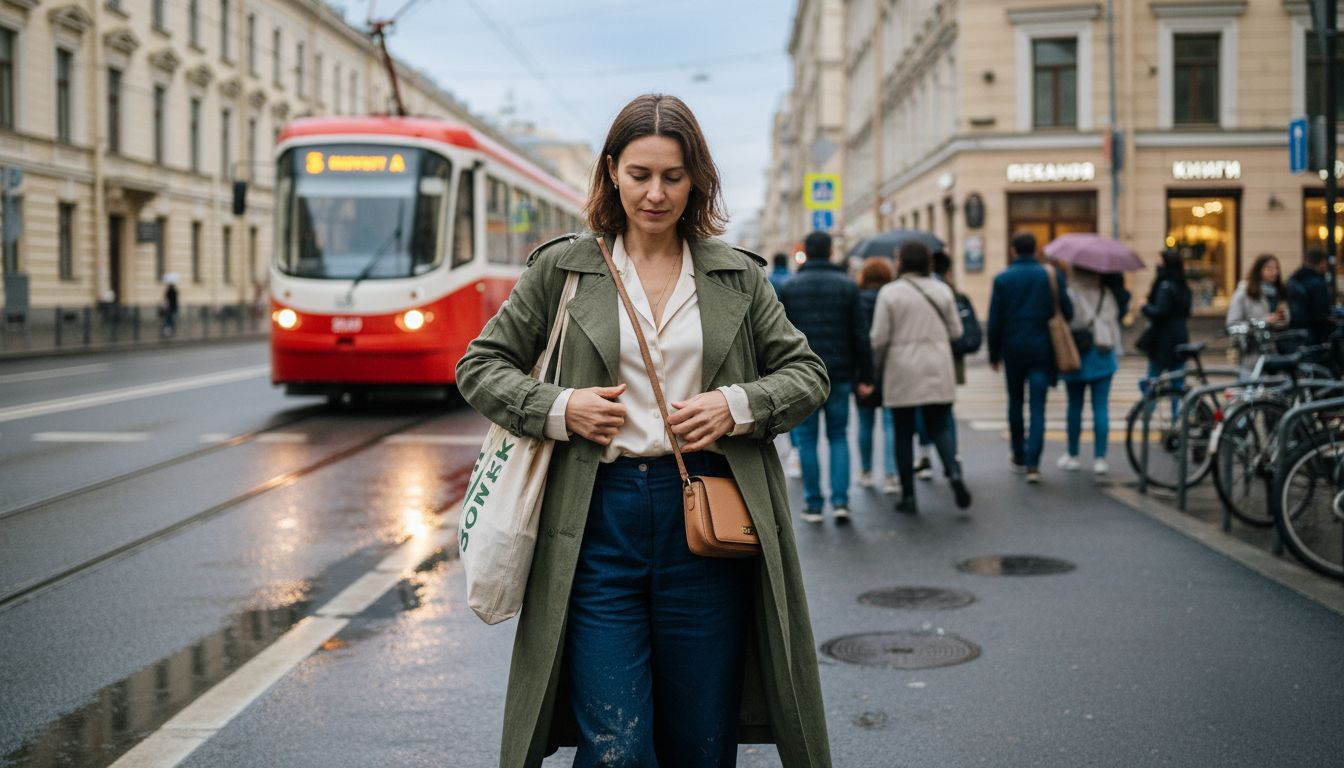 Девушка в стильной эко-одежде на улицах Москвы