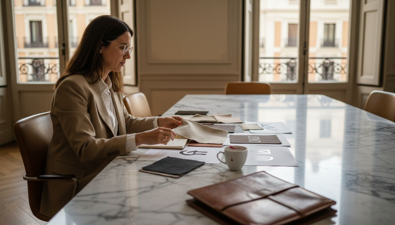 La directora analiza la propuesta de branding de lujo en la sala de reuniones.
