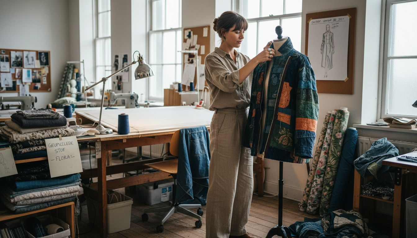 Een modeontwerper is bezig met het creëren van een duurzaam kledingstuk.