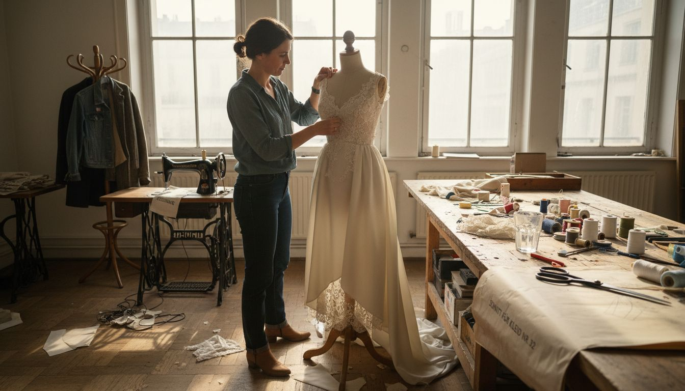 Eine Modedesignerin arbeitet mit viel Liebe zum Detail an einem Kleid in ihrem Atelier.