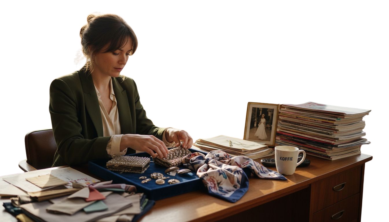 Een modecurator stelt een bijzondere collectie designer kleding samen.