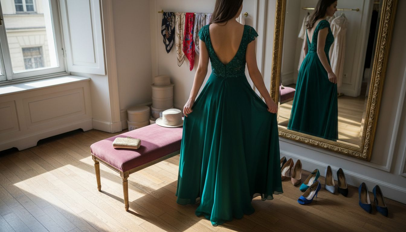 Uma mulher experimenta um vestido de cerimónia no provador de uma boutique.
