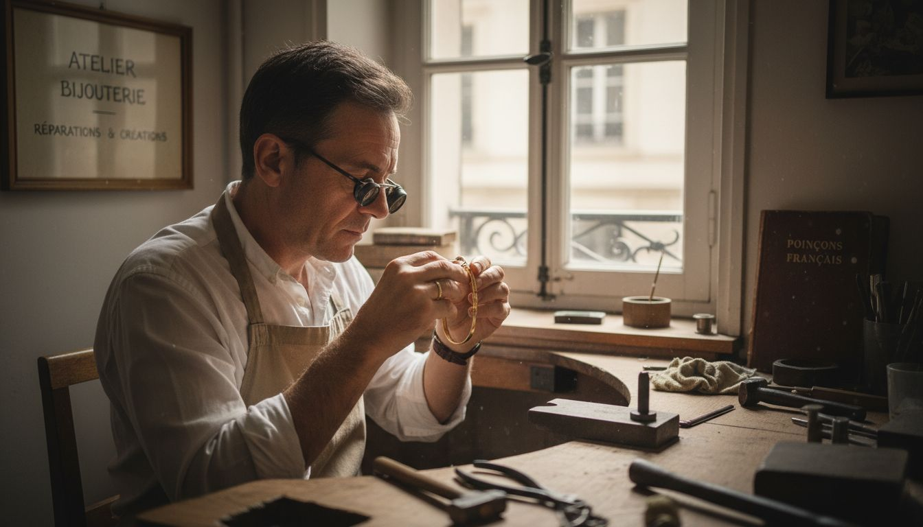 Un bijoutier inspecte minutieusement un bracelet en or à l’aide d’une loupe.