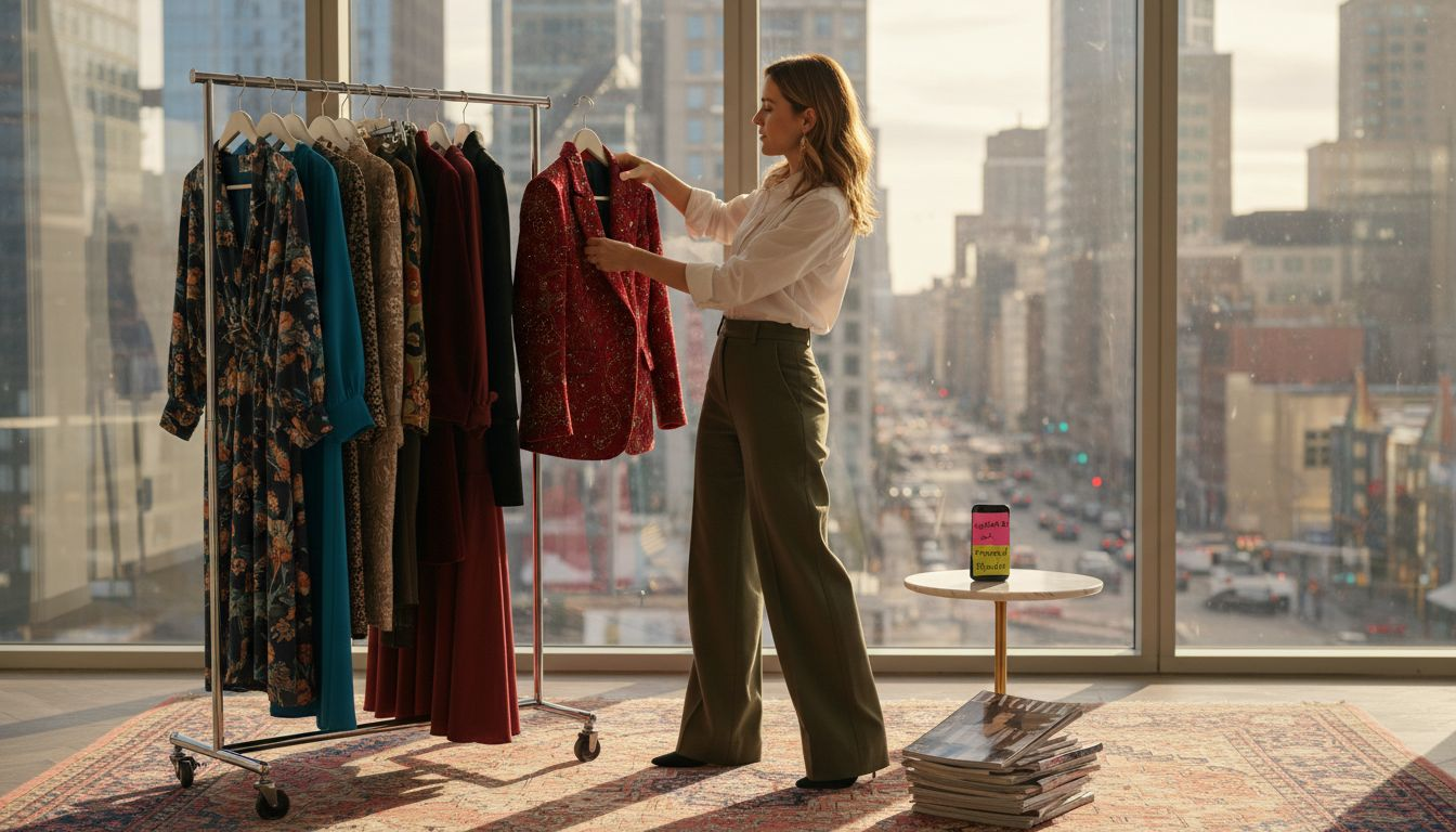 Fashion editor with luxury clothing rack in studio