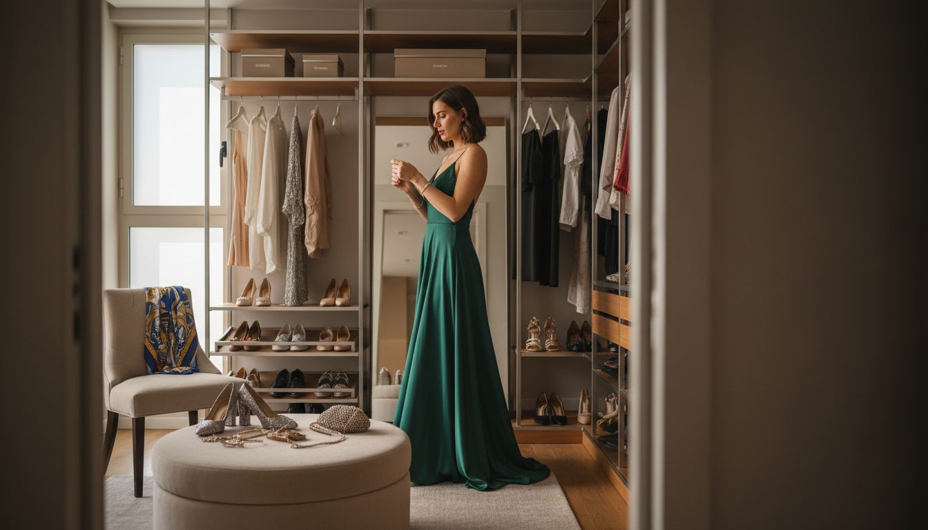 Mujer probándose un elegante vestido de noche