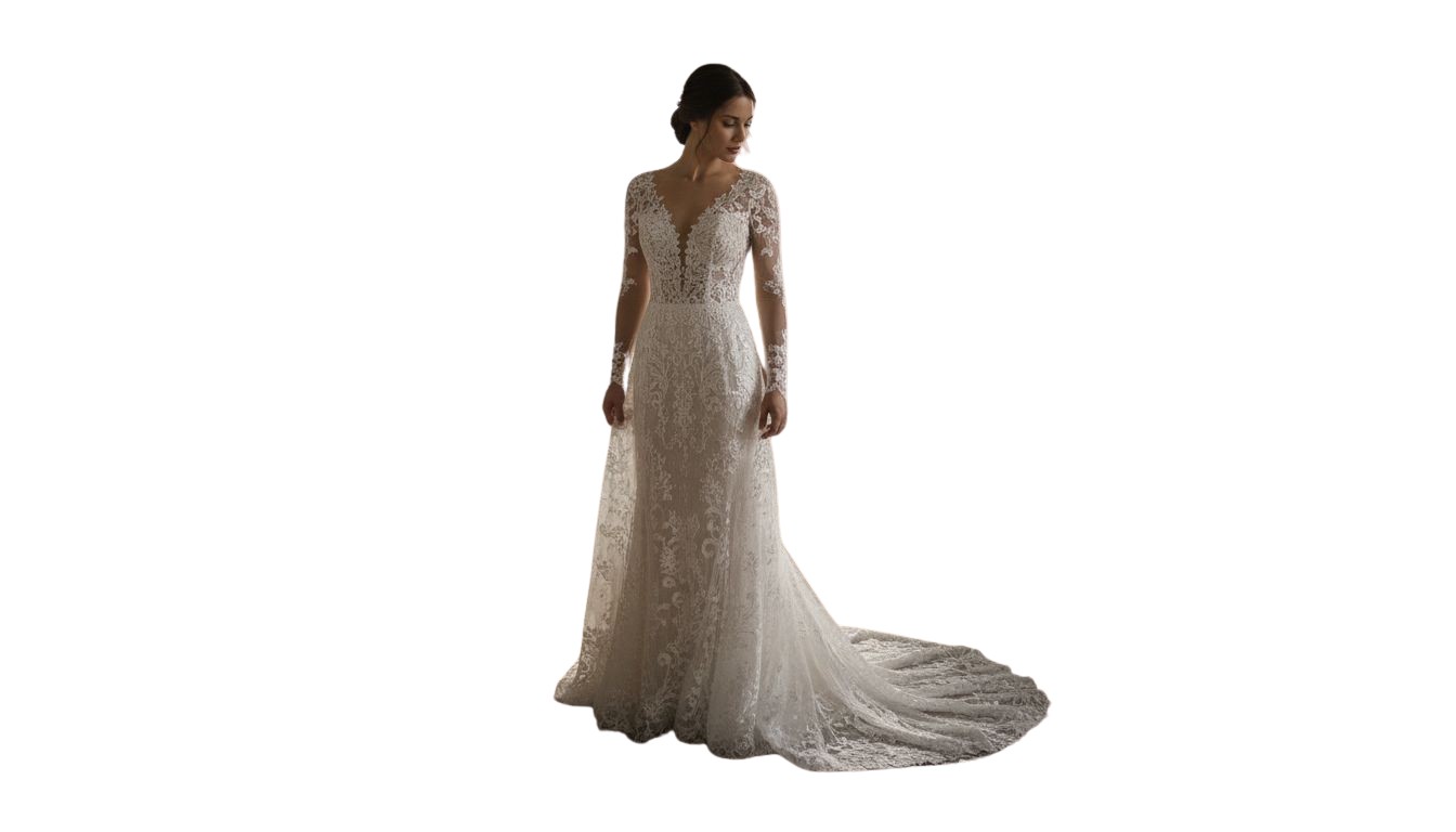 Noiva experimenta vestido de casamento assinado por designer