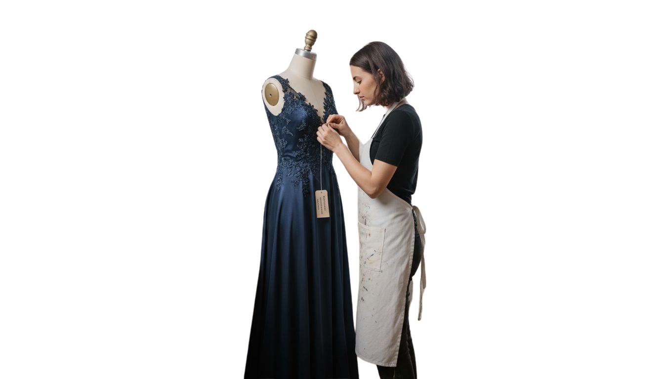 O croitoreasă dedicată lucrează cu migală la o rochie rafinată, într-un atelier elegant, unde fiecare detaliu contează.