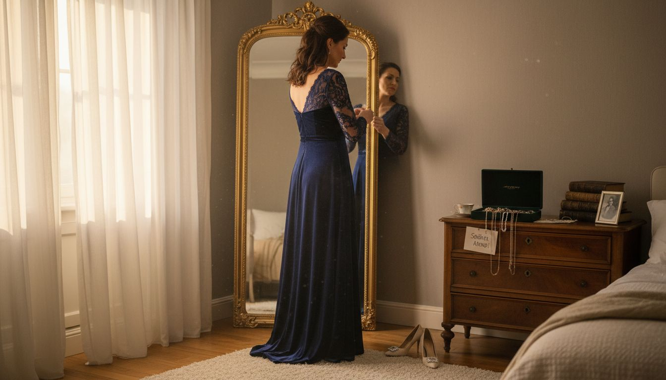 Eine Frau steht in ihrem stilvoll eingerichteten Schlafzimmer und überlegt, welches Outfit sie für ein exklusives Event wählen soll.