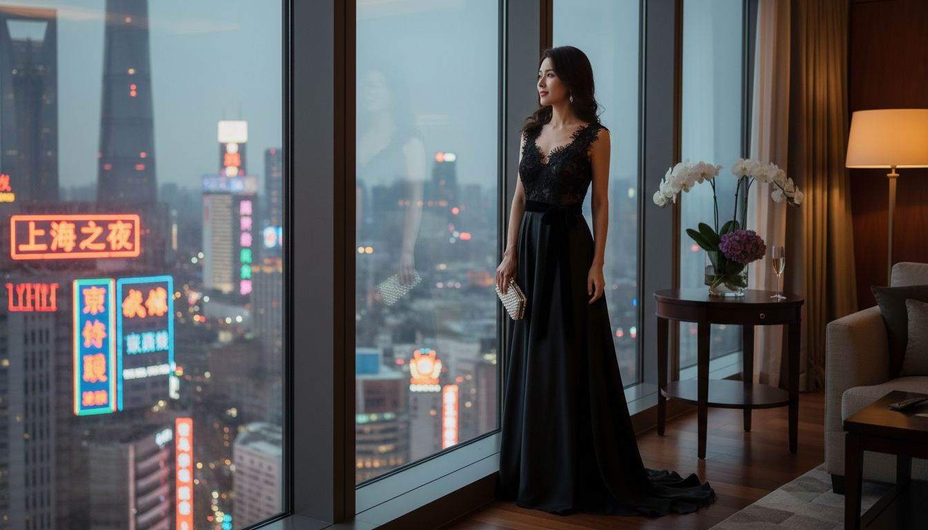 身穿丝绸长裙的女子静静地倚靠在顶层公寓的窗边，窗外的夜色映衬着她的优雅与宁静。