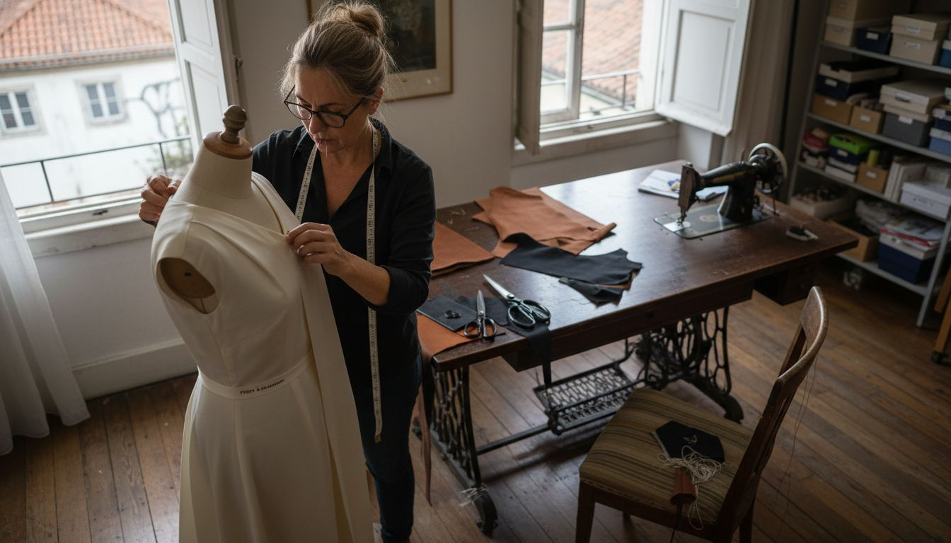 Modista a fazer ajustes num vestido de alta costura no atelier
