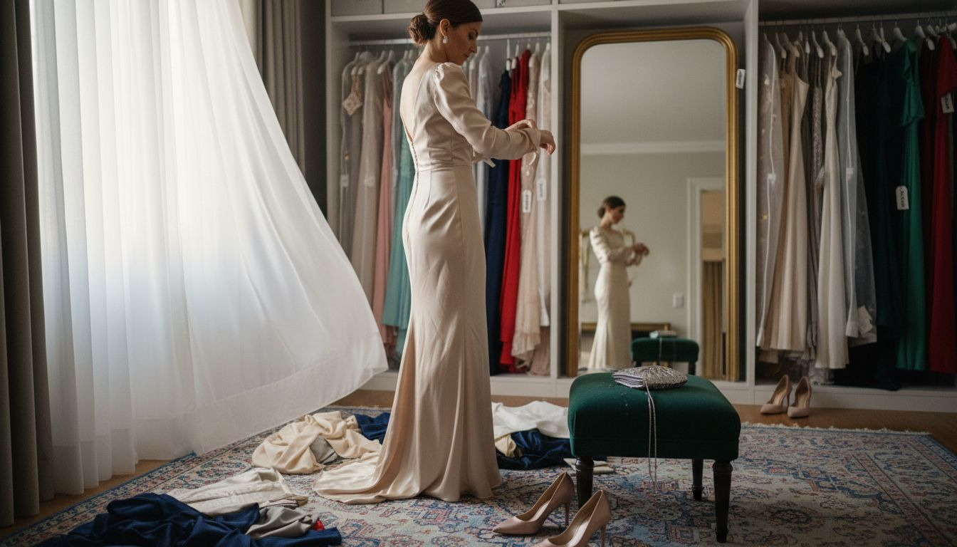 Una mujer acomoda con cuidado un elegante vestido de seda en su vestidor.