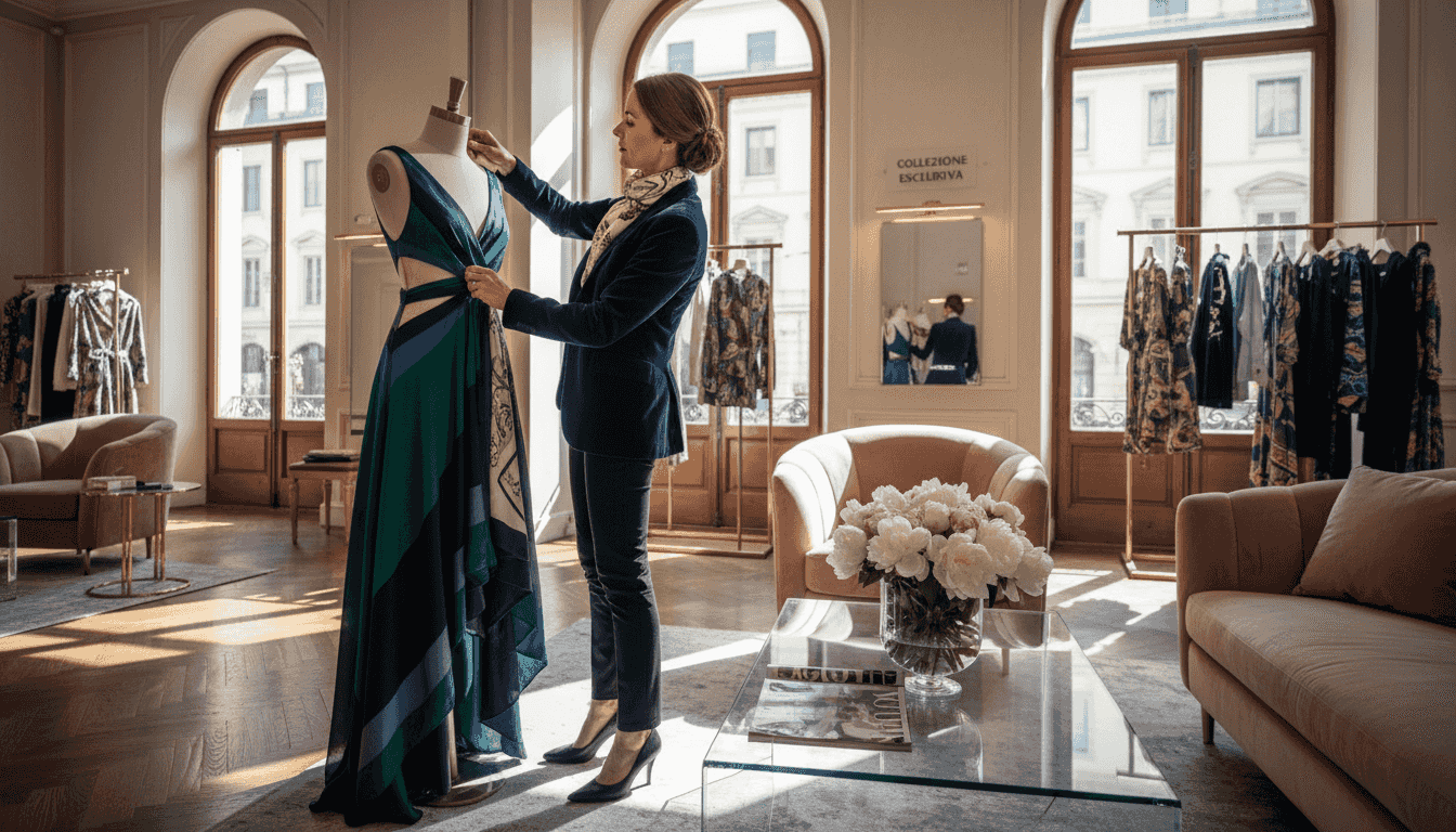 La responsabile della boutique sistema con cura un abito indossato dalla modella, assicurandosi che ogni dettaglio sia perfetto.