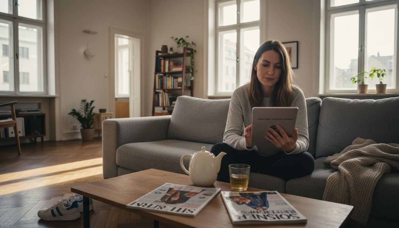 Eine Frau stöbert gemütlich von ihrem Wohnzimmer aus nach Designermode im Internet.