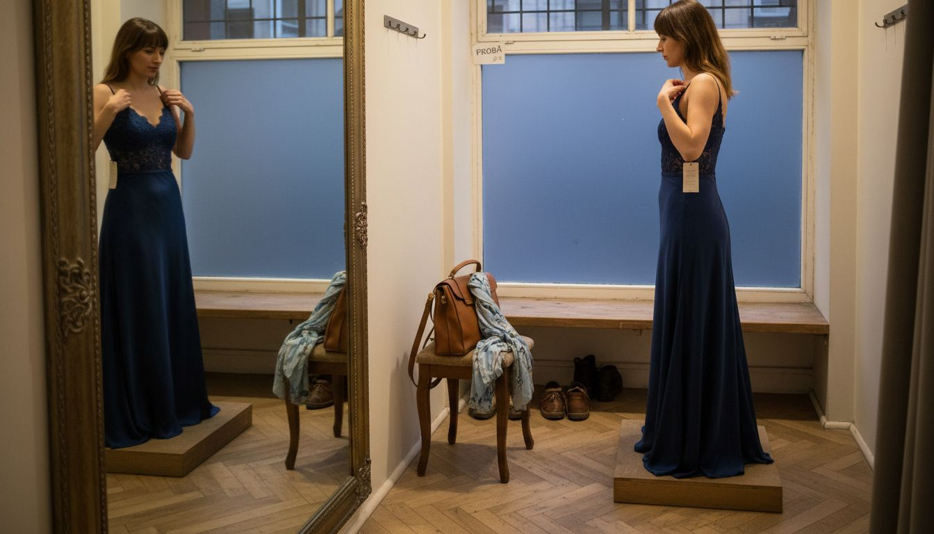 O femeie își potrivește rochia de designer în cabina de probă a unui boutique.
