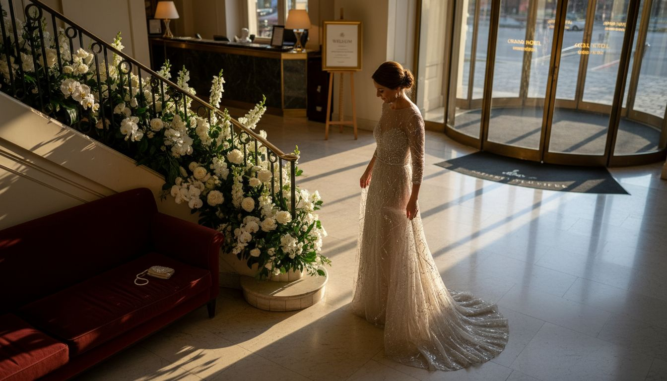 Vrouw past exclusieve jurk in luxe hotelkamer