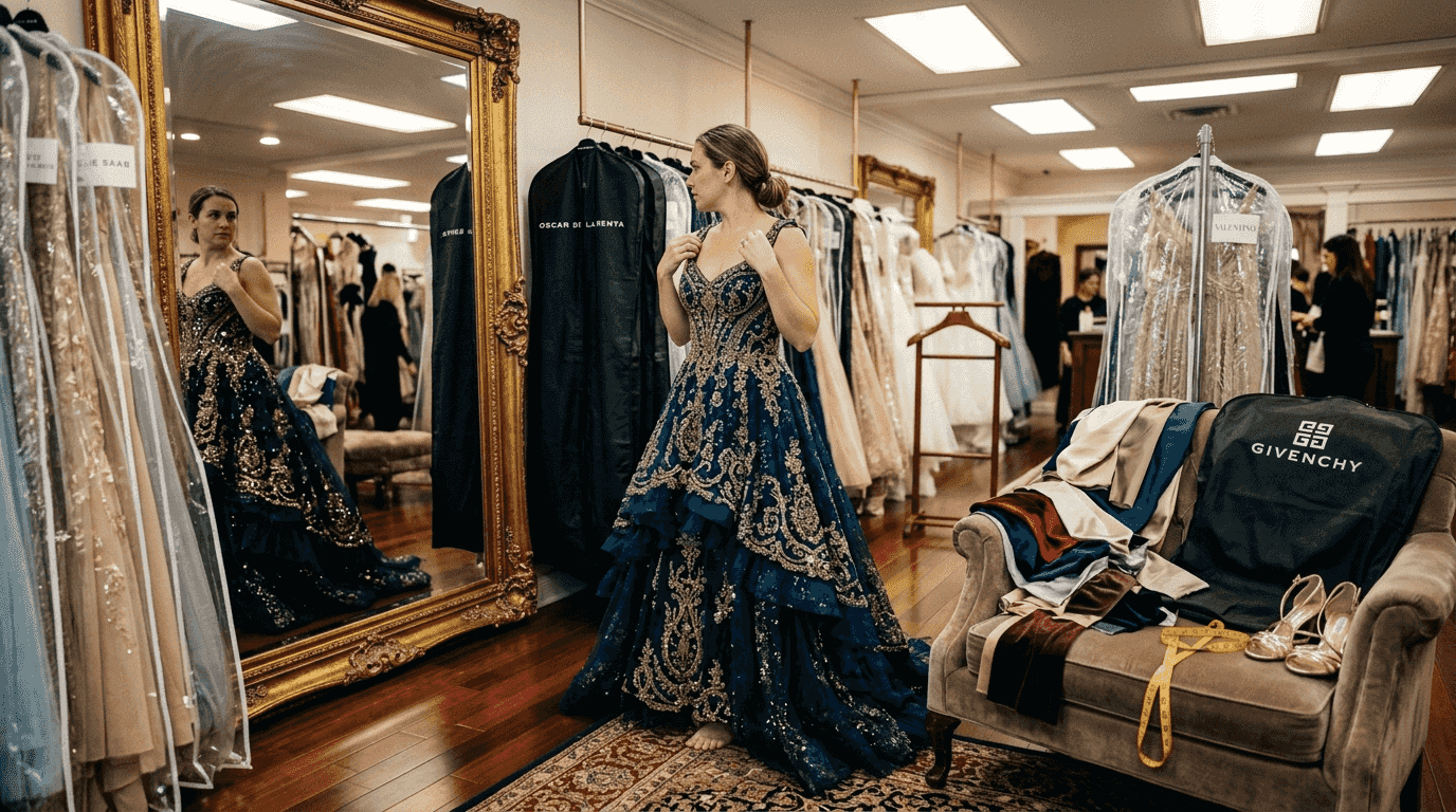 Woman trying exclusive gown in boutique fitting room