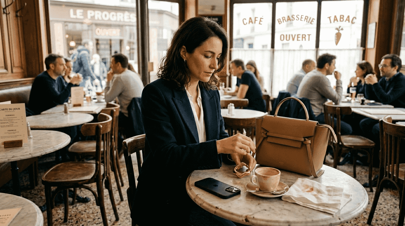 Stilbewusste Frau genießt ihren Kaffee mit exklusiven Accessoires in einem Pariser Bistro.